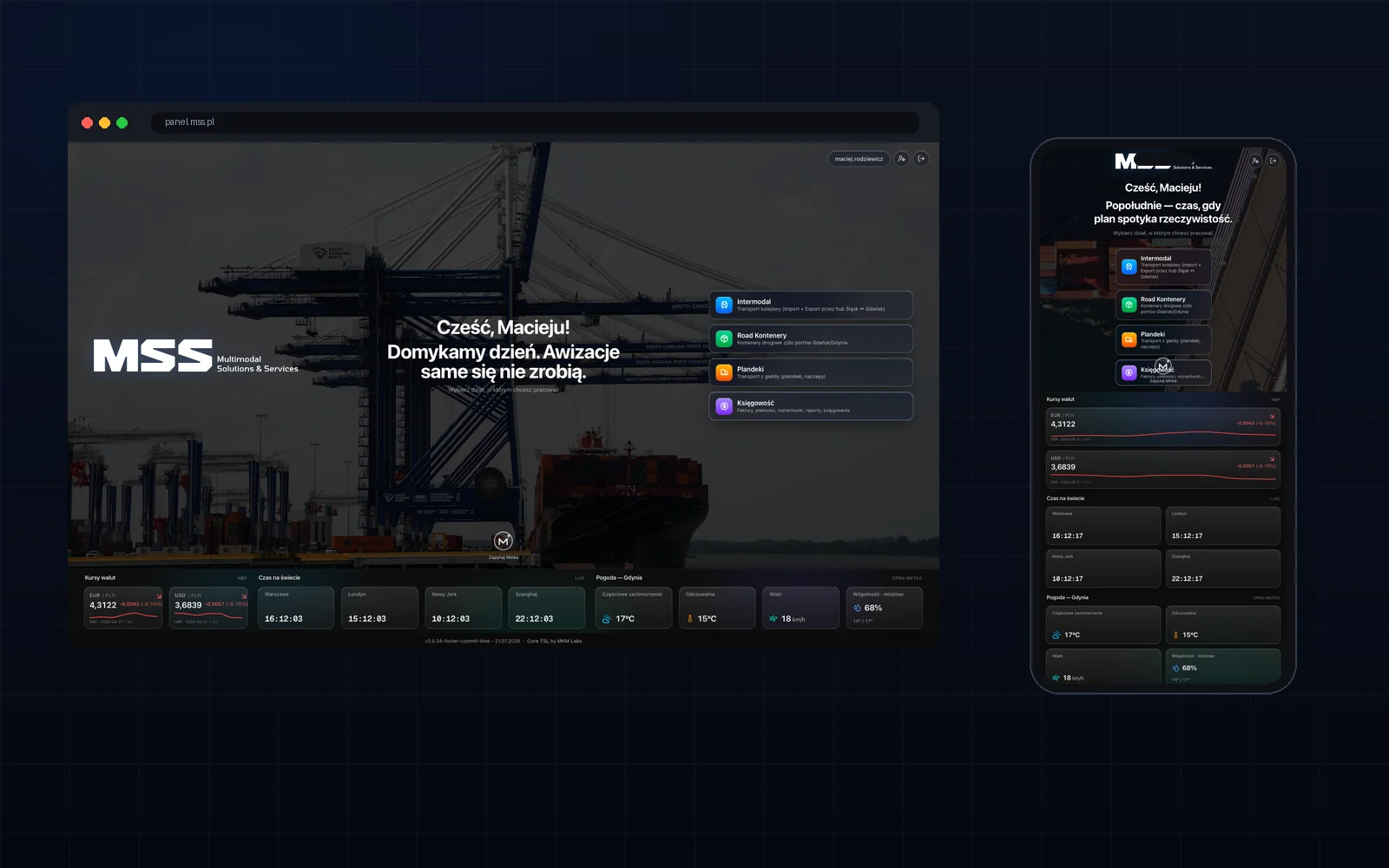 CoreTSL operations dashboard for MSS — department selection at panel.mss.pl